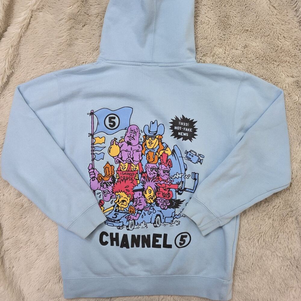 Channel 5 Hoodie Light Blue Graphic Back Size S I Smoked Crack NOT FAKE NEWS